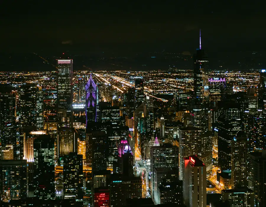 Chicago restaurant and bar windows lit along a downtown street at night