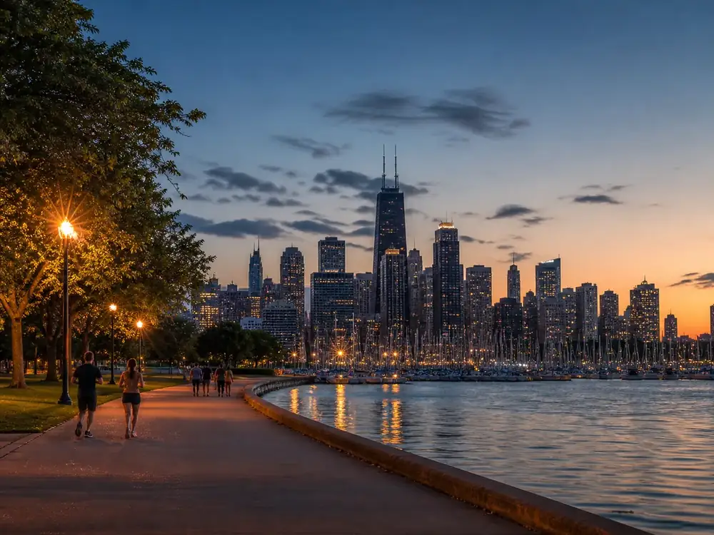 The Lincoln Park lakefront path and harbor at sunset