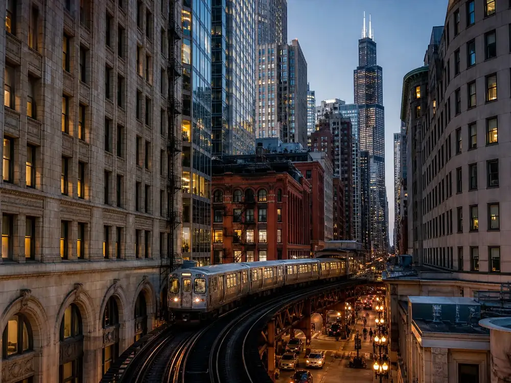 An elevated train curving through the architecture of Chicago's Loop