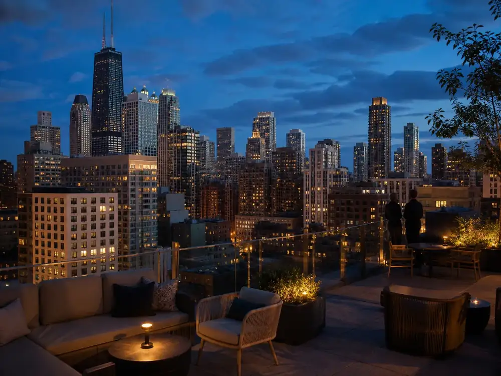 A River North rooftop terrace overlooking the Chicago skyline