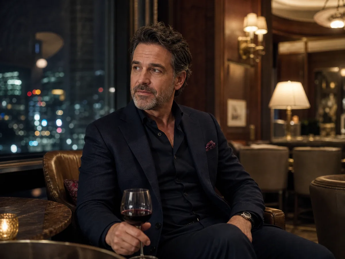 A well-dressed Chicago man in a warmly lit hotel lounge