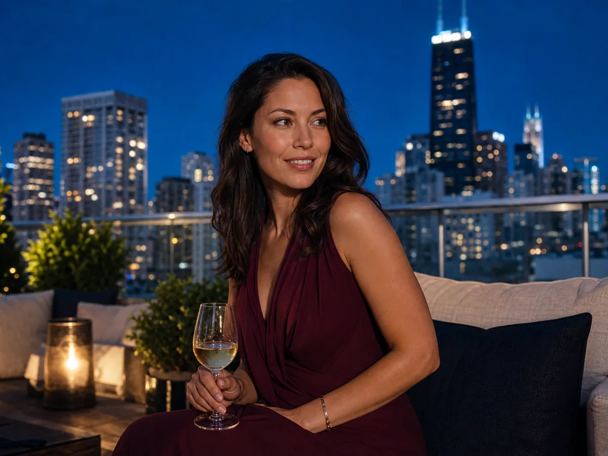 A stylish Chicago woman on a rooftop terrace at blue hour