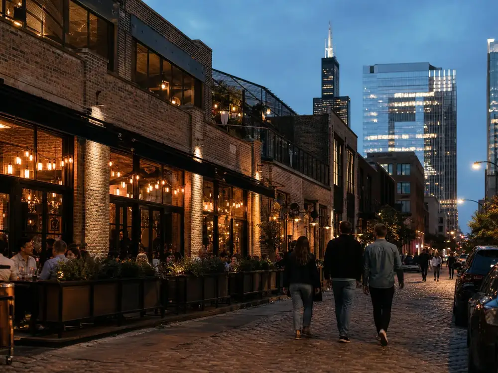 Warmly lit restaurants in Chicago's West Loop at dusk