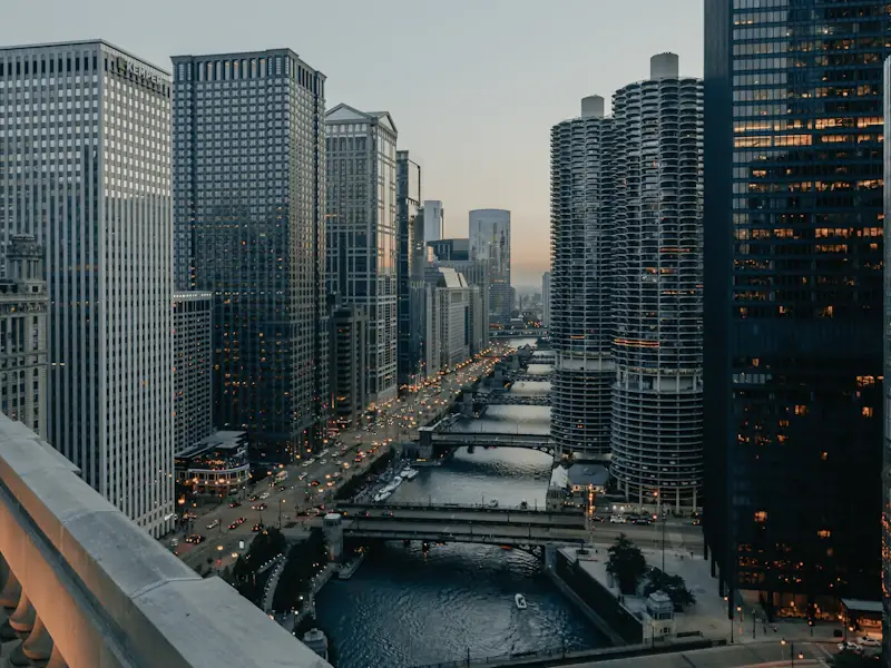 Path through Lincoln Park with the lakefront and city towers beyond